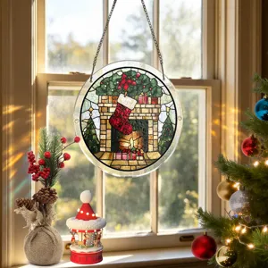 Gedetailleerd overzicht van het kerst acryl hangbord met open haard motief voor raamdecoratie.