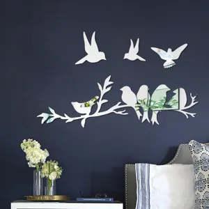 3D acrylic mirror wall stickers bird branch home decor for living room and bedroom