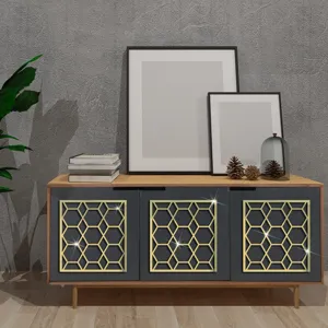 Sticker mural miroir acrylique hexagonal pour décor de meuble, bordure dorée adhésive.