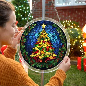 Kerstboom acryl hangend bord glas-in-loodstijl raamdecoratie voor feestelijke sfeer.