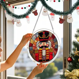 Decorazione sospesa schiaccianoci in acrilico, targa rotonda stile vetrata per Natale.