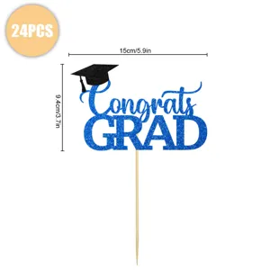 Decoración de pastel de graduación brillo azul Congrats GRAD 24pcs fiesta suministros.