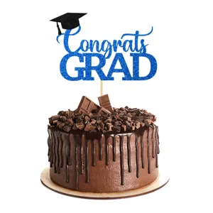 Detalle de topper para pastel de graduación, papel brillante azul Congrats GRAD.