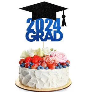Hermoso Topper Pastel Graduacion 2024 Sombrero Negro Brillo Azul Decoracion Fiesta