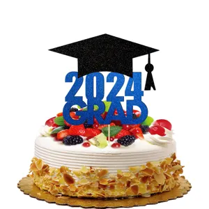 Adorno para tarta de graduacion 2024 birrete negro papel purpurina azul fiesta decoracion