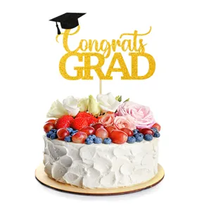 Adorno para tarta de graduacion oro brillante Congrats GRAD letrero con gorro fiesta