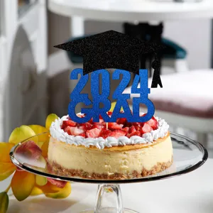 Decoración de tarta de graduación 2024 purpurina azul birrete pastel para fiesta