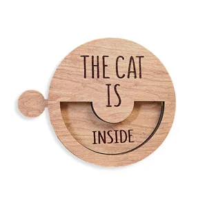 Wooden cat status sign, indoor pet reminder badge, rotating magnetic pet door indicator display.
