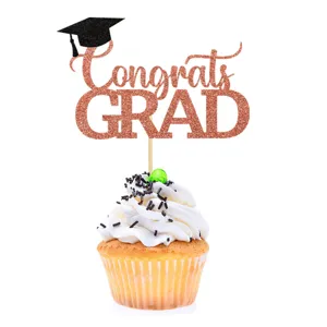 Topper para cupcake de graduación con purpurina oro rosa y gorro negro de fiesta.