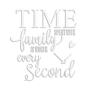 Acrylic mirror wall sticker detail showing English quote typography and clock design.