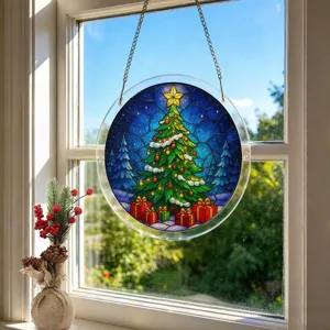 Ronde acryl kerstboom raam hangende decoratie hanger met ketting en kleurrijke glas-in-lood art.