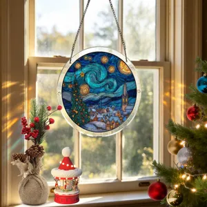 Gedetailleerd weergave van het kerst acryl hangend ornament met sterrenhemel winterscène.