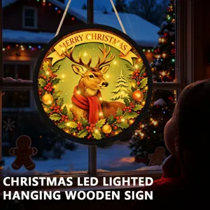 Christmas LED lighted hanging wooden sign holiday decor reindeer wall plaque for home party