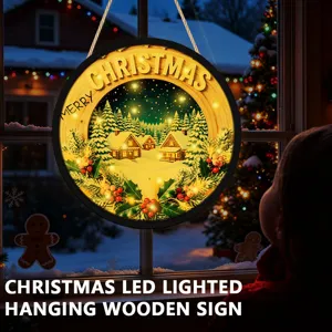 Christmas LED lighted wooden hanging sign detail, cozy snowy cabin window scene decor.
