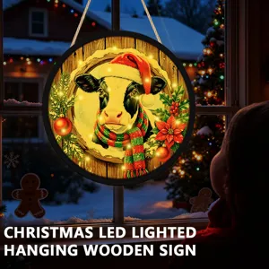 Christmas LED lighted hanging wooden sign with cute cow pattern for holiday window decor.