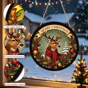 LED Christmas wooden hanging sign with cute reindeer pattern for holiday window decor.