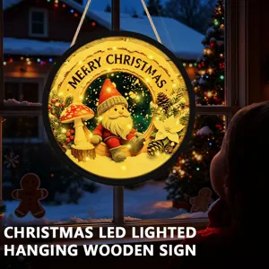 Christmas LED lighted hanging wooden sign with cute gnome, perfect holiday window decor.