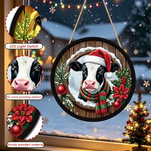 Christmas wooden hanging sign detail, LED light switch view and vivid print pattern close up.