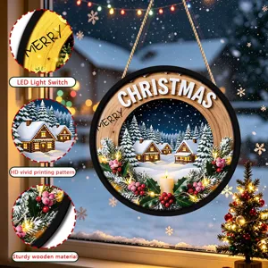Christmas LED light-up hanging wooden plaque with snow village scene for festive window decoration.