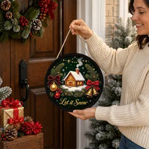 Christmas LED Light Up Hanging Sign Holiday Wooden Decor Door Ornament With Snow Scene