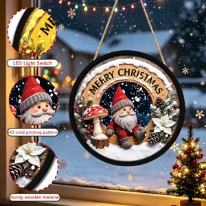 Christmas LED hanging sign with gnome pattern, wooden holiday decor for window showcase.