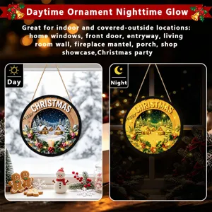 LED lighted Christmas hanging sign detail, dual day and night glowing display for holiday decor.