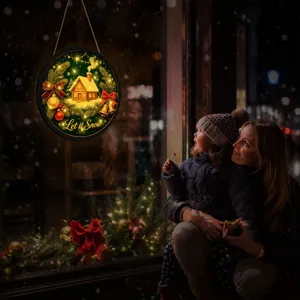 Christmas glowing hanging sign LED light window decor with warm cabin design for home