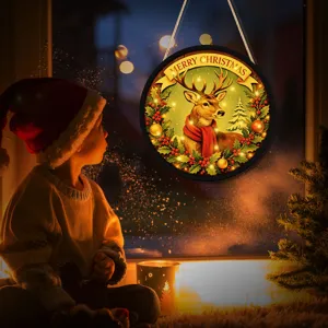 LED Christmas hanging sign lighted round wooden plaque holiday window decor with deer design