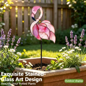 Piquet de Jardin Flamant Rose en Métal Décoration de Plante en Pot Imprimé Double Face Art de Cour Extérieure