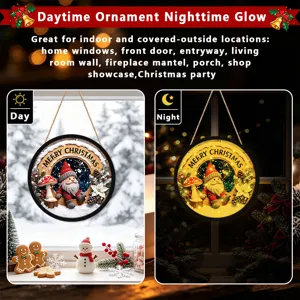 Christmas glowing gnome hanging sign detail, showing day and night LED lighting effects clearly.
