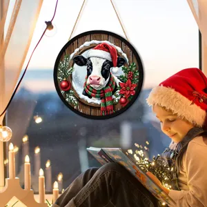 Christmas LED hanging wooden sign with cute cow pattern, perfect for holiday window home decor.