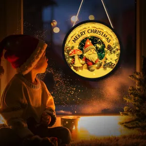 Christmas LED lighted hanging sign with cute gnome design, perfect for holiday window decor.