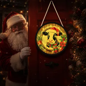 Christmas lighted hanging sign, round wooden LED decorative door plaque with cute cow.