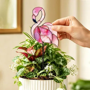 Piquet de plante flamant rose en verre vitrifié, décoration métallique pour pots de fleurs.