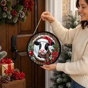 Christmas cow hanging sign with Santa hat and scarf festive holiday wall door decor item