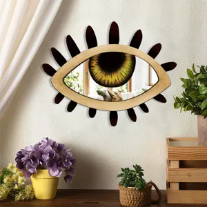 Bohemian eye-shaped wall mirror, boho wooden acrylic mirror scene detail for living room decor.