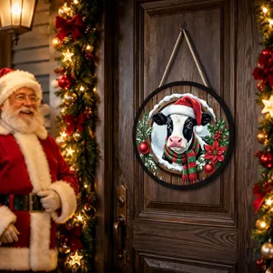 Christmas wooden hanging sign with cute cow wearing Santa hat and scarf for holiday decor.