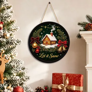 Detailed view of christmas wooden hanging plaque with lighted cabin scene and pine decor.