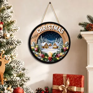 Christmas wooden hanging sign with LED lights snow scene winter holiday wall decor ornament