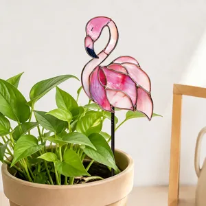 Piquet de plante flamant rose en verre teinte pour plantes en pot, belle deco de jardin.