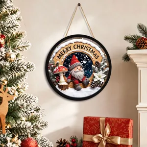Christmas Gnome Hanging Sign LED Light Holiday Wall Decor Wooden Round Xmas Party Ornament
