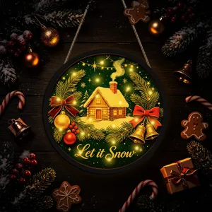 LED Christmas glowing hanging sign with snowy cabin design, rustic holiday wall decor for home.
