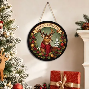 Christmas LED hanging wooden sign round deer wall decor festive party ornament details