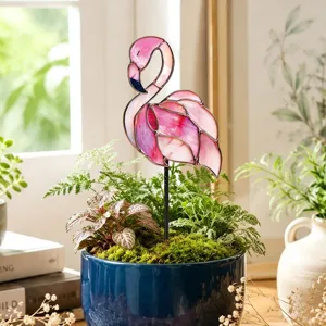 Joli piquet de plante flamant rose en vitrail, décoration de jardin en métal pour pots.
