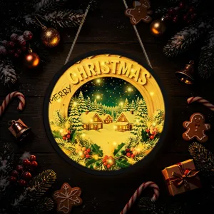 Christmas LED light hanging sign, wooden hollow glowing holiday window decor for home party.