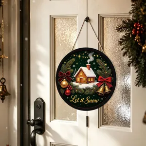 Christmas LED wooden hanging sign for holiday window wall decor with scenic snow cabin.