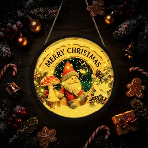 Christmas LED glowing hanging sign detail view, featuring cute gnome and festive holiday decor.