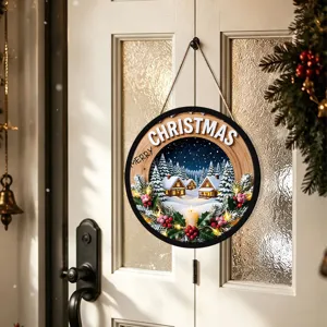 Christmas LED hanging sign detail view, decorative lighted wooden circle for holiday window.