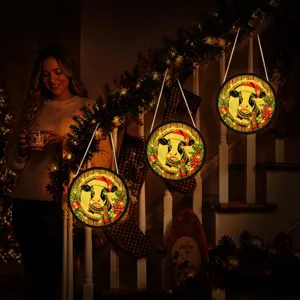 Christmas lighted wooden hanging sign with cute cow pattern, perfect for holiday home decor.
