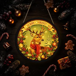 Close-up detail of glowing Christmas deer hanging sign with warm LED lights and decor.